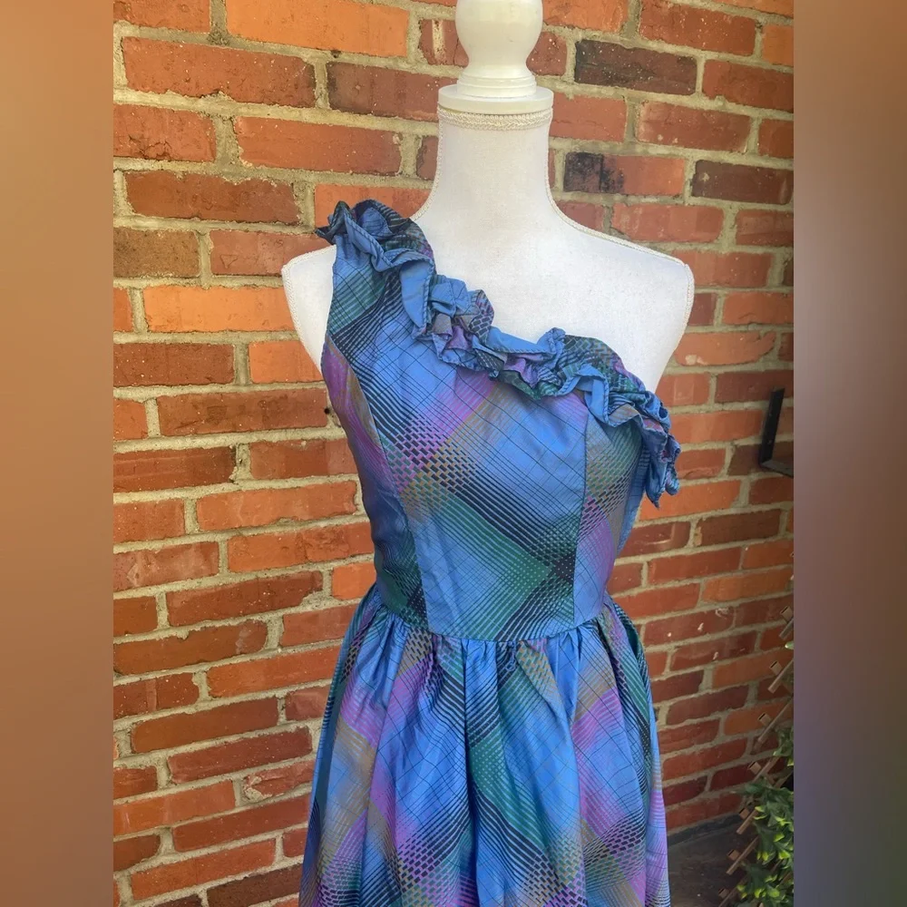 Vintage 60s One Shoulder Silk Fit Flare Party Prom Dress Sz XS 0 2 Unionmade - Picture 3 of 9